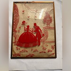 Vintage Framed Red Revere  Painted Silhouette Courting Couple 6x8 Wall Art